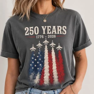 America 1776-2026 Commemorative Top | Vintage Jet Fighter Patriotic Shirt | Independence Day Celebration Apparel