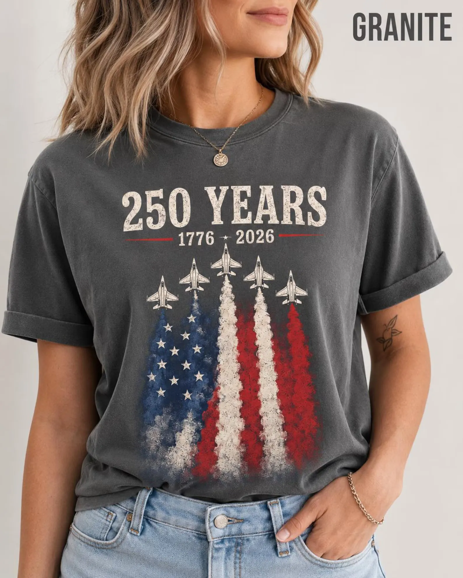 America 1776-2026 Commemorative Top | Vintage Jet Fighter Patriotic Shirt | Independence Day Celebration Apparel