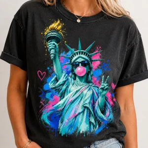 Humorous Liberty Landmark Top | Independence Day Graphic Tee | Vintage-Style Patriotic Summer Apparel